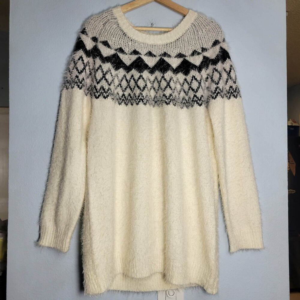 Anthony Richards Fair Isle Tunic Sweater XL Fuzzy Eyelash Knit Ivory Nordic Cozy
